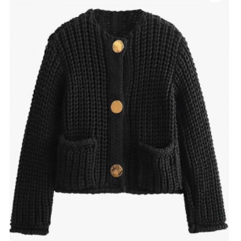 24 Womens Fall Winter Street Fashion Crewneck Knit Cardigan Short Sweater With Metal Buttons