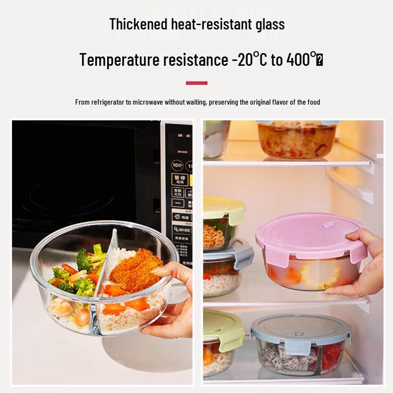 ZISIZ Round Glass Lunch Box with Two Compartments