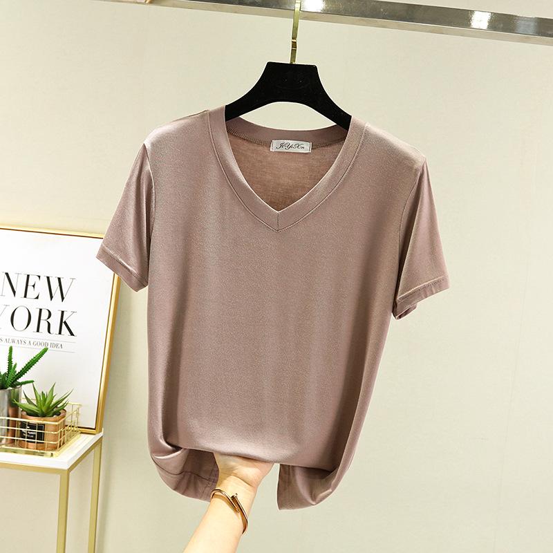 New Summer V-Neck Women's Loose Fit Modal T-Shirt - Solid Color, Short Sleeve Basic Top