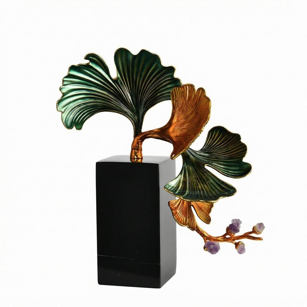 Ginkgo Leaf Sculpture Freestanding Metal with Stone Base Metalized