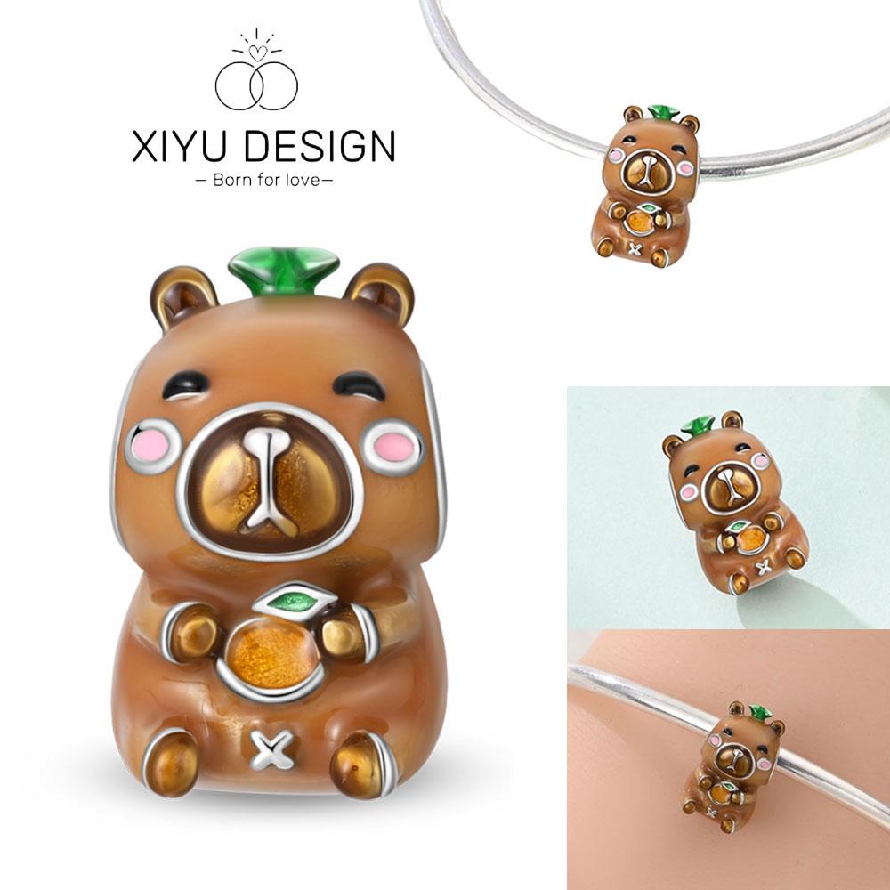 Cute Pet Series Capybara Couples Charms Eat Fruit Beads Fit Diy Copper Bracelet Necklace Women Anniversary Jewelry Gift