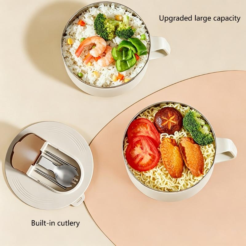 304 Stainless Steel Ramen Bowl Set Foldable Cutlery Included Lunch Box with Lid For Small Space Dormitories
