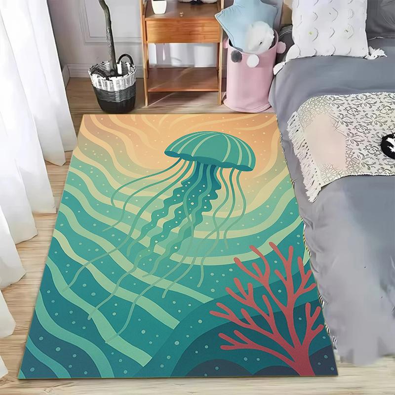Coastal Beach Area Rug Cartoon Ocean Wave Manta Design Soft Washable Floor Mat for Nautical Living Bedroom Kids Playroom