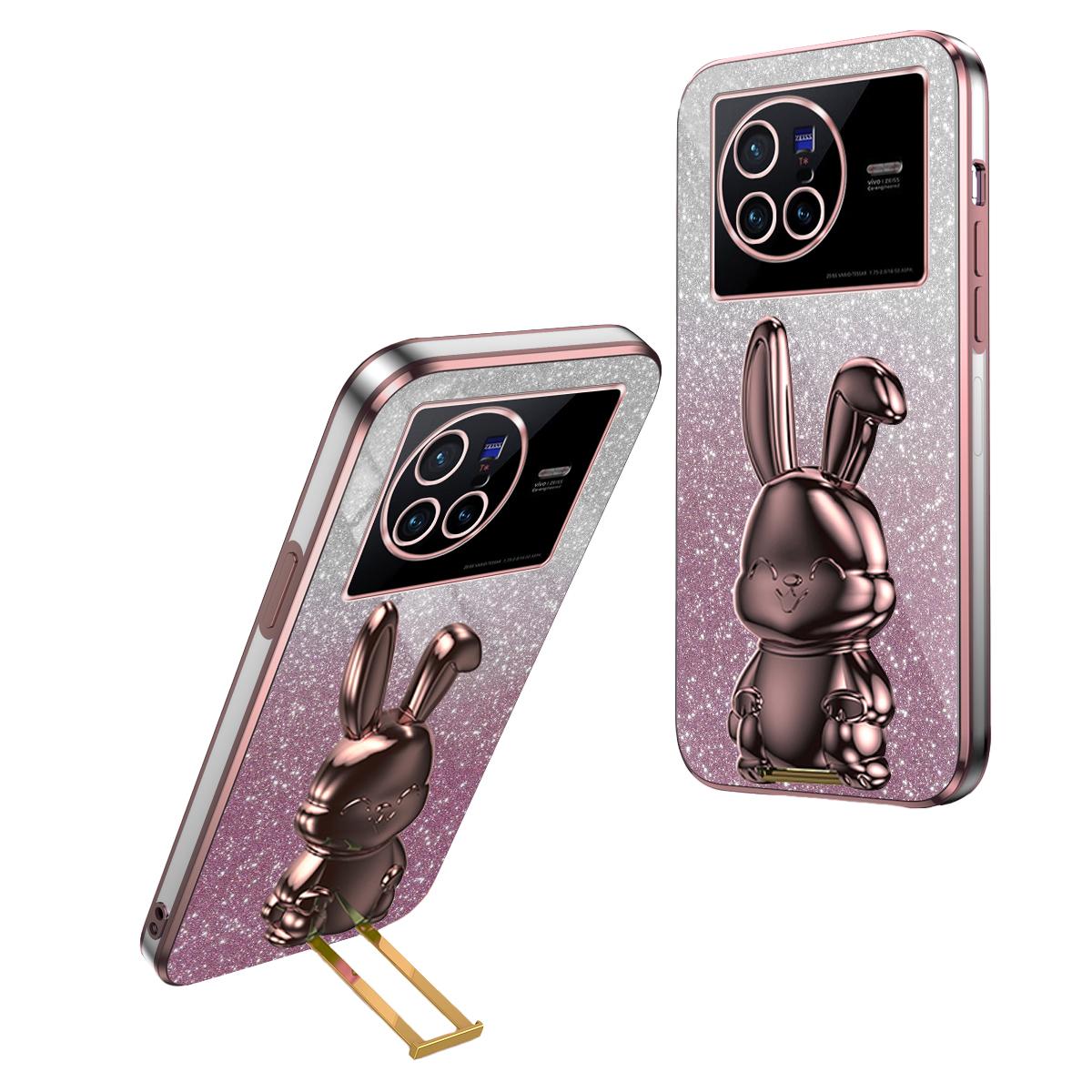 

For vivo X80 5G Case Glitter Powder PC+TPU Phone Cover with Pull-out Kickstand Pink