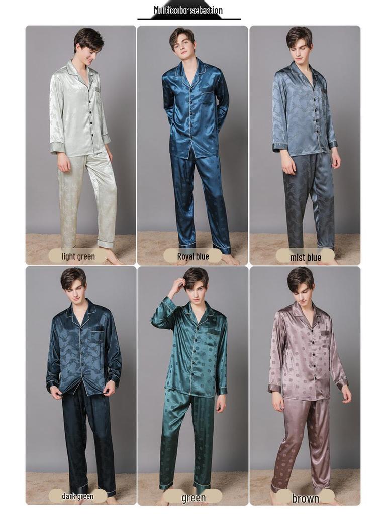 Herren Frühling/Sommer Seidenpyjama: Langarm & Hose, Dünnes Karomuster, Imitationsseide, Mittelalterliche Hausbekleidung