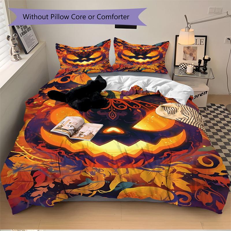 3pc Pumpkin Halloween Cover Set - 1 Quilt Cover + 2 Pillowcases, All Seasons Bedroom Setting, Perfect for Home008