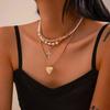 Stylish Pearl Beaded Clavicle Chain Women's Stainless Steel Necklace Piece Set Peach Heart Multi-layer Alloy Jewelry on the Neck