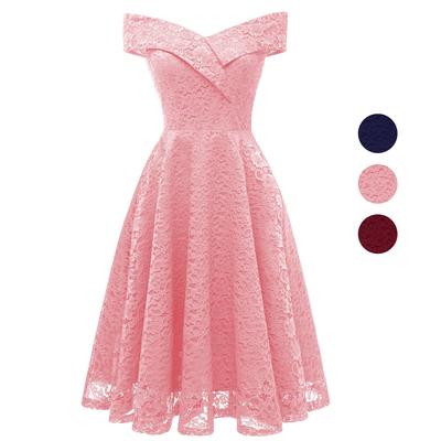 Hirsch Damen Wickelkleid Vorne Schulterfrei Bardot Blumen Spitze Skater Midi Abschlussball Cocktail Formales Partykleid Brautjungfer Hochzeitsgast Anlass Outfit