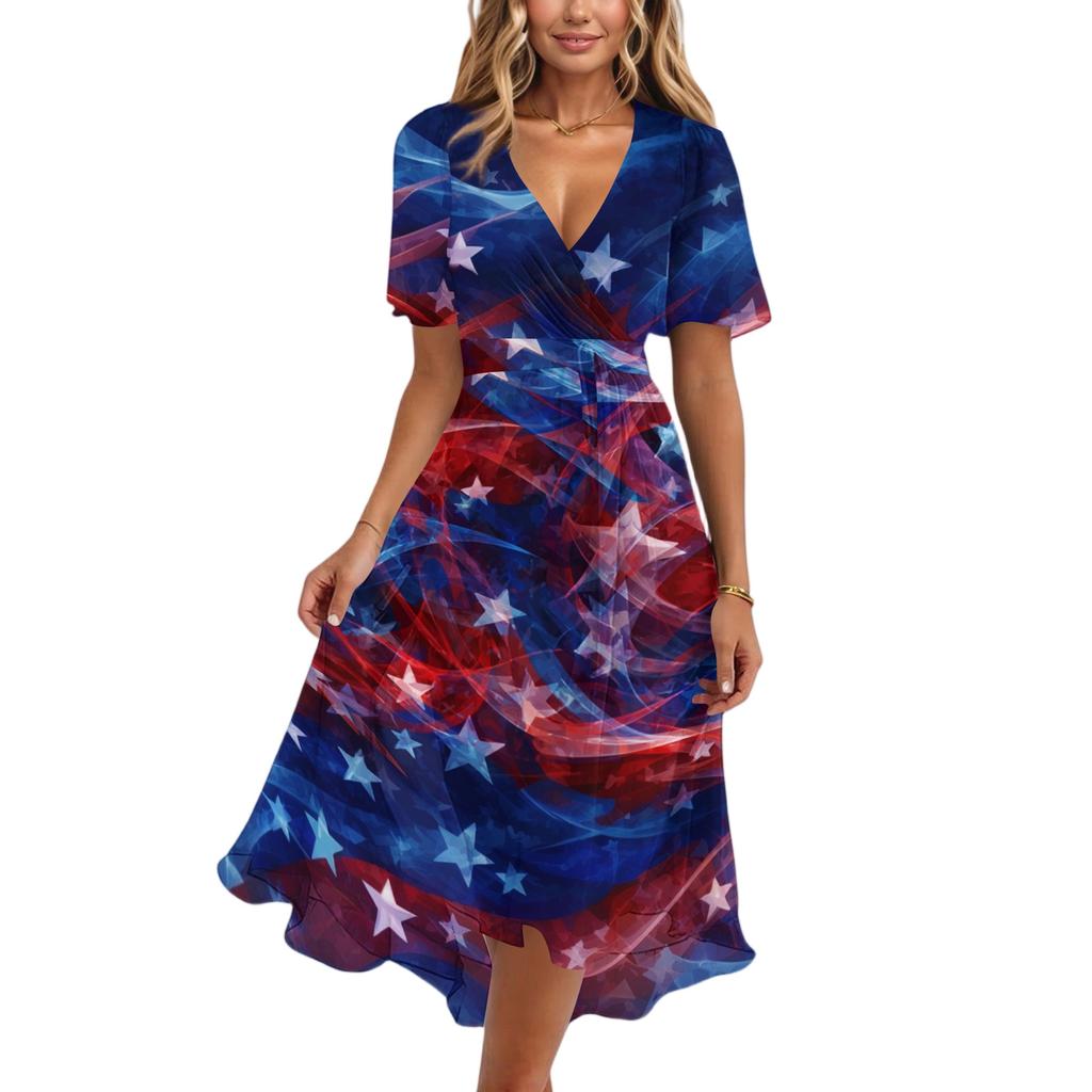 Women's Casual V-Neck Short-Sleeve Independence Day Print Dress