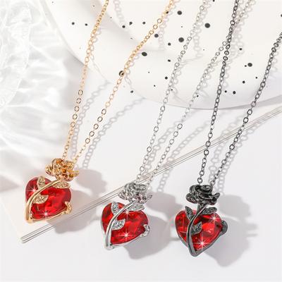 Dark Red Faux Crystal Rose Pendant Necklace for Women Zircon Love Heart