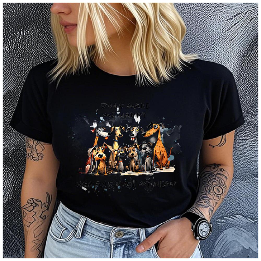 Unisex 100% Polyester Summer Top DOGS MAKE ME HAPPY Print Loose round Neck Short Sleeve Fashion for Lovers