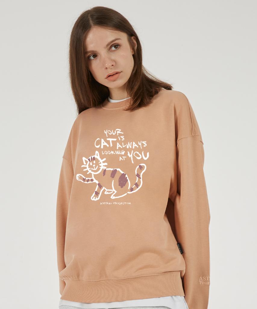 ASTRAL PROJECTION Doodle Cat Oversized Drop Shoulder Sweatshirt_Peach