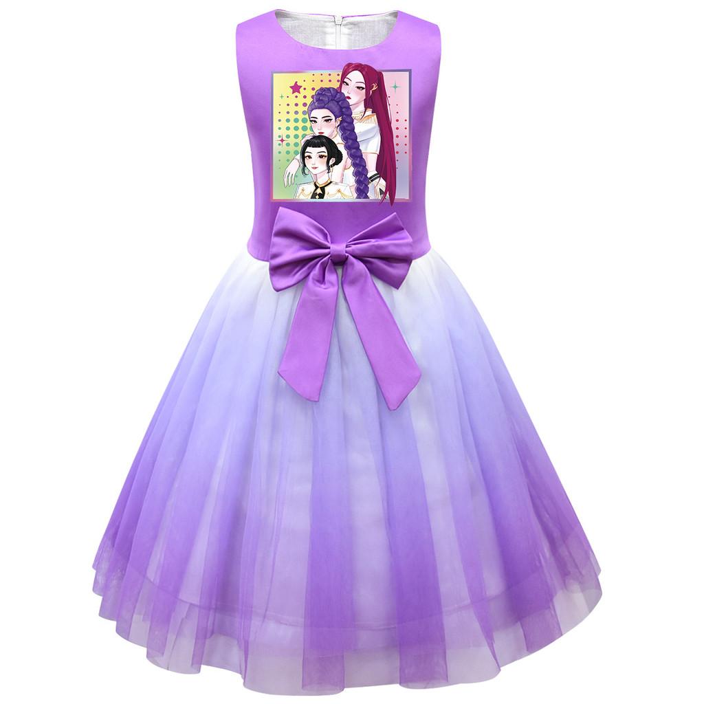 Kinder Mädchen Prinzessin K-POP Rumi Zoey Mira Print Schleife Ärmellos Mesh Tutu Kleid