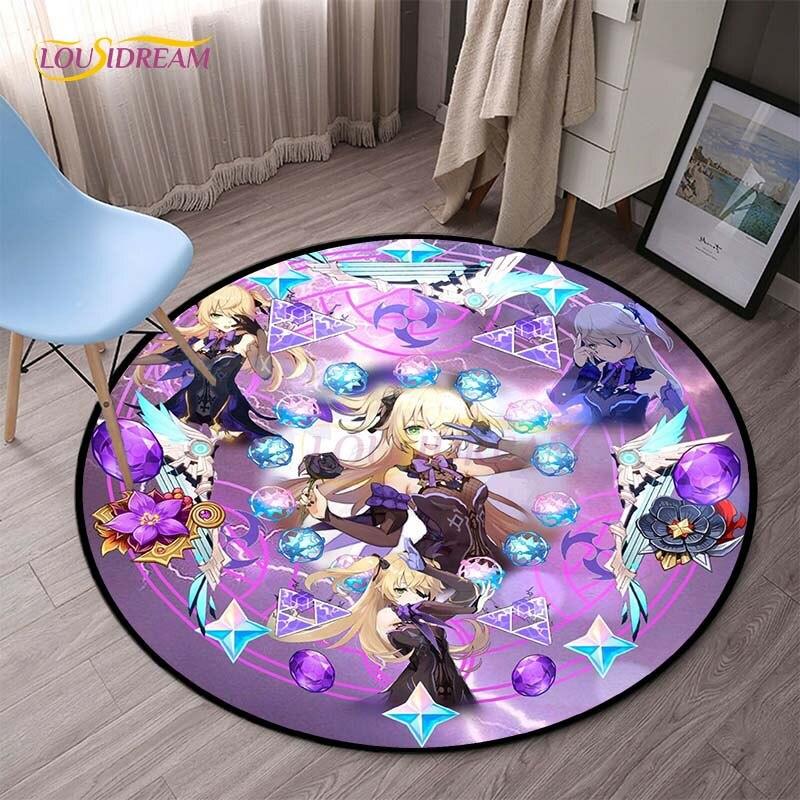 Genshin Impact Runde Teppiche für Schlafzimmer, Cartoon-Teppiche für Wohnzimmer, Kinder, weicher Teppich, rutschfeste Bodenmatte, Heimdekoration, Camping, Picknick
