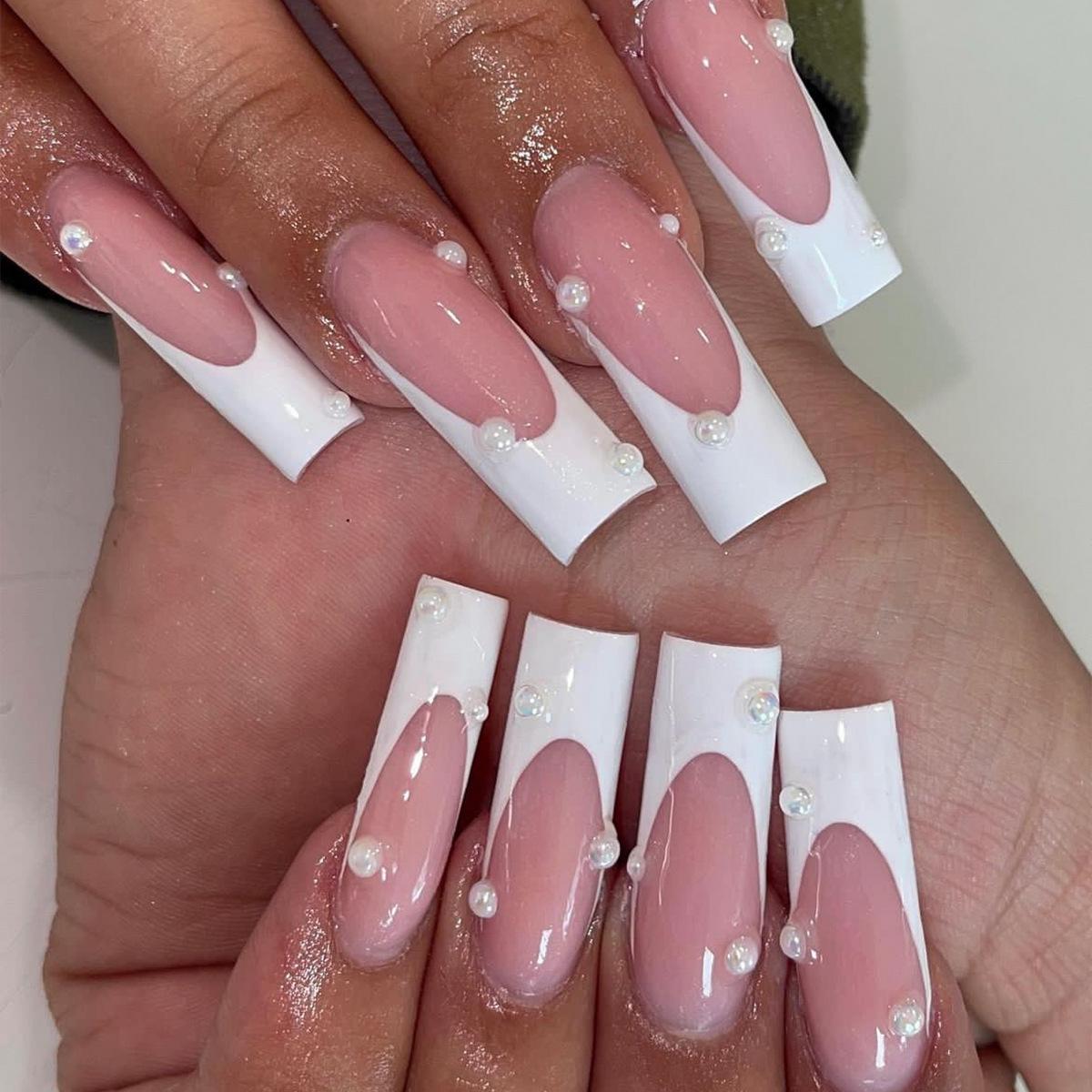 

Trendy Long White French Pearl Rectangular Wearable False Nails