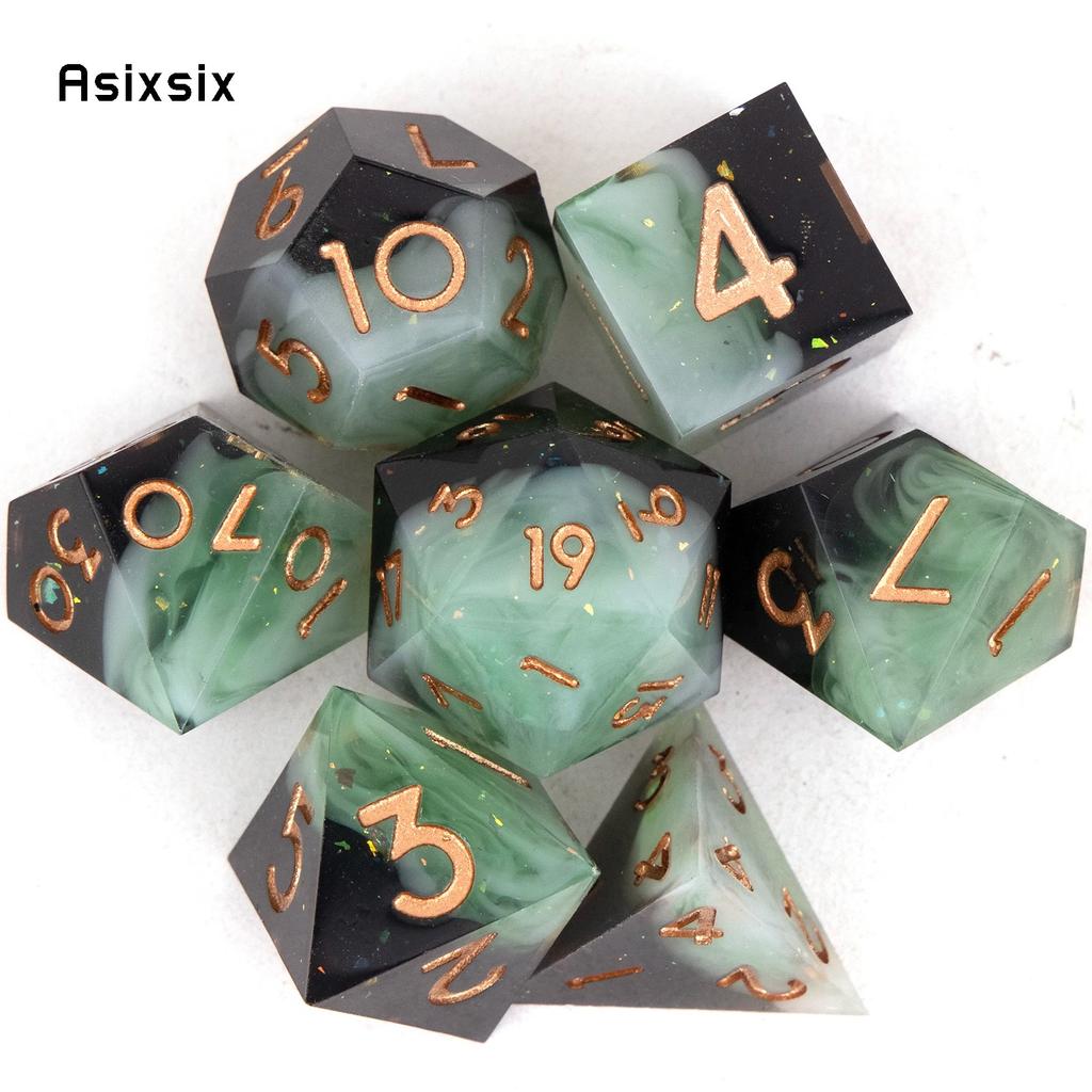 7 Pcs Black Green Golden Number Sharp Edge Resin Dice Polyhedral Dice Suitable for Role-Playing RPG    Board Game