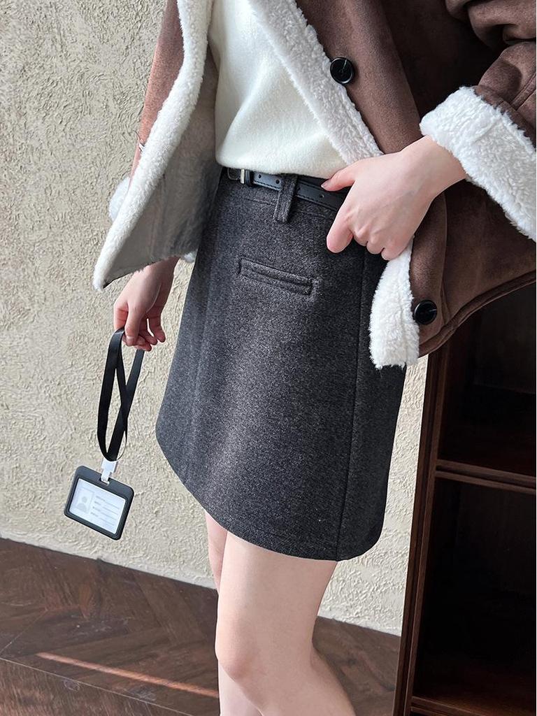 Luxi Retro High-End Wool A-Line Midi Skirt - Women's 2025 Winter Slimming Fleece-Lined Bodycon Mini Skirt