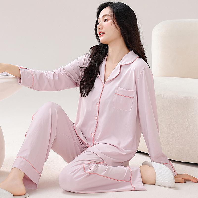 Pigiama da Donna a Maniche Lunghe in Cotone - Cardigan Monocolore per Primavera e Autunno