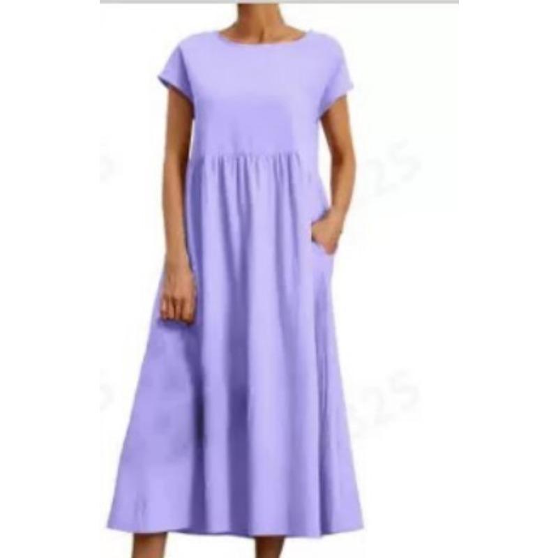 QICED Fashion Summer Spring Solid Color Print Short Sleeve O-Neck Casual Dresses