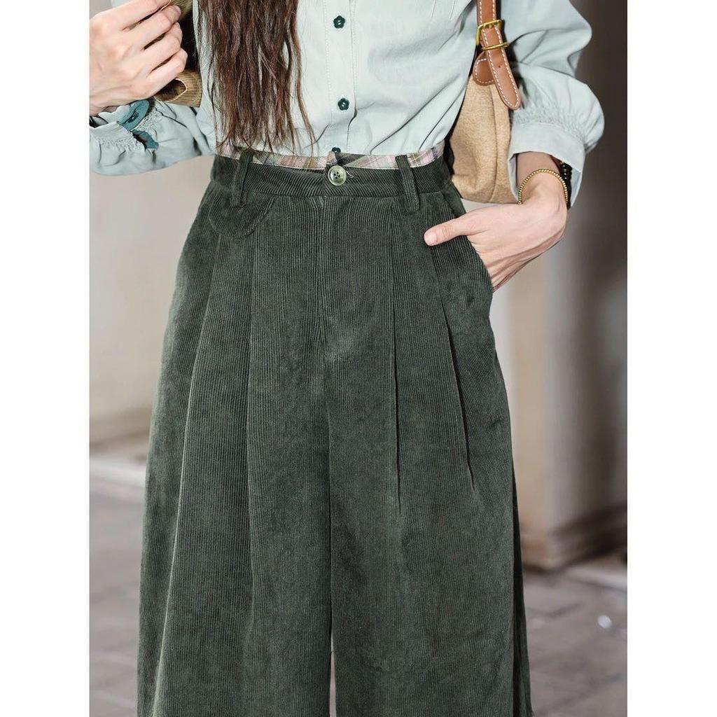 Corduroy Patchwork Casual Pants - Fashionable, Contrasting Colors, Loose Fit, Woolen Long Trousers