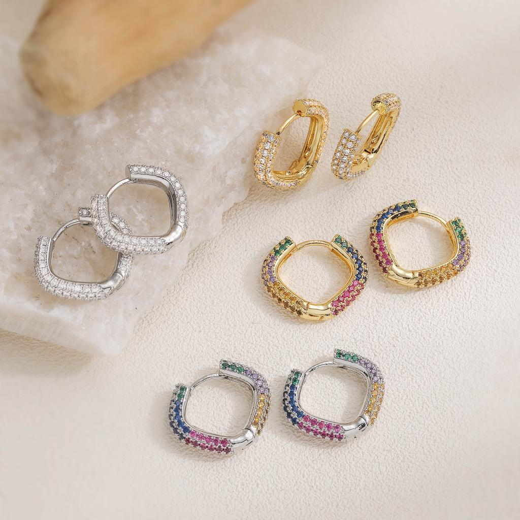 HECHENG,Brass Metal Multi-Color Zircon Square Hoop Earrings Exquisite Luxury Minimalist Korean Style Women's Zircon (1 Pair)