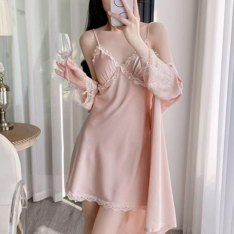 Ice Silk Lace Camisole Dress & Robe Set - Luxury Nightwear for Women