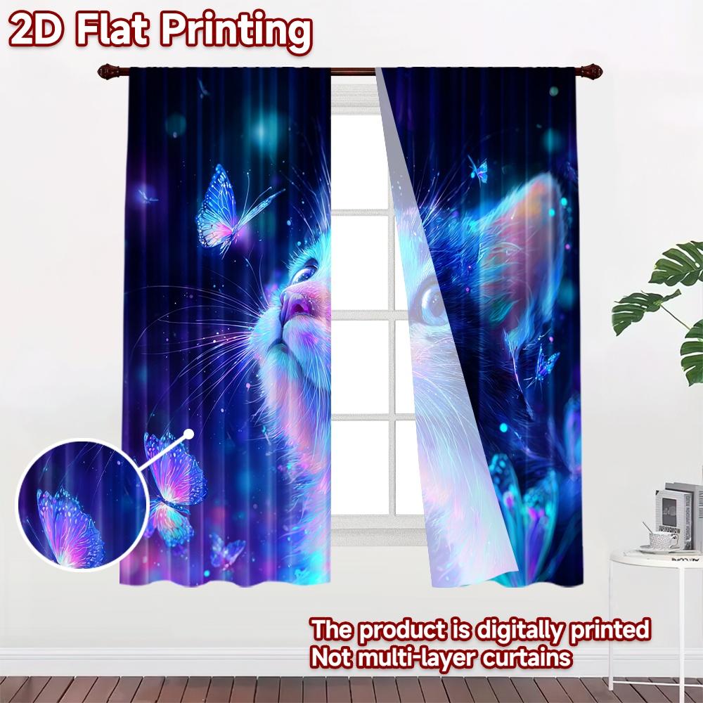 2D Flat Printing 2pcs Party Curtain Cosmic Cat Butterflies Stars Digital Printed Polyester Drapes All Season Party & Holiday