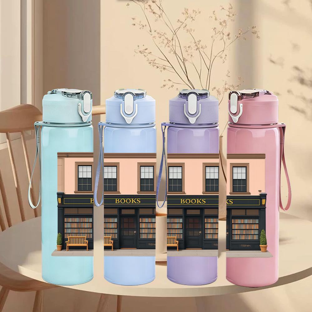 1PC Vintage Street Shop Facade 750ml Color Plastic Sports Water Bottle Leakproof Flip Straw Lid For Sports Office Home Use