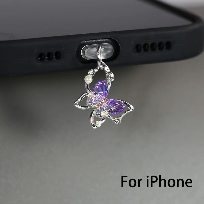 Beautiful Butterfly Phone Dust Plug Accessories Decoration Hanging Pendant for IPhone for Samsung Type-C Charging Port