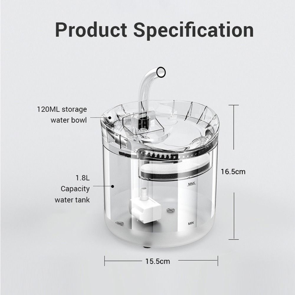1.8L Large Capacity Cat Water Fountain Transparent Recirculate Filtering Pet Water Feeder Removable USB Powered Water Dispenser