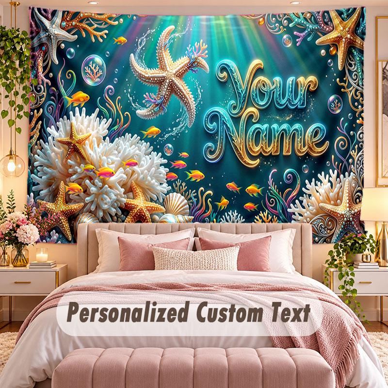 Fish Ocean (220) Theme Wall Tapestry Customized With Name Text Personalized Hanging Tapestry For Bedroom Living Room Decor