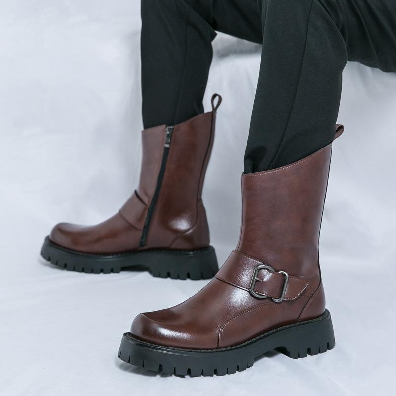 

Новые мужские кожаные ботинки длинные ботинки Челси платформа увеличивающая рост британский рыцарский тренд ботинки Мартин высокие мужские кожаные ботинки 45 коричневый