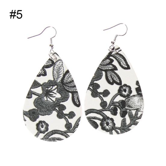 Water Drop Dangle Embroidery Faux Leather Hook Earrings Women Banquet Jewelry