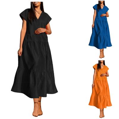 Women's Summer Fashion V-neck Sexy Long Skirt Solid Color Casual Short Sleeved Large Swing Dress
