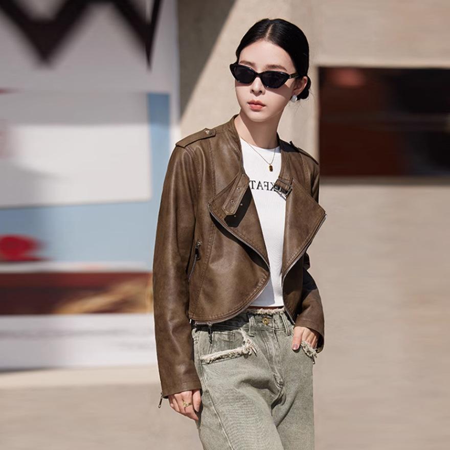 

Spring and Autumn New Leather Jacket Jacket Women s Fashion Handsome Versatile Skinny Soft Leather Short Cardigan Top 2XL