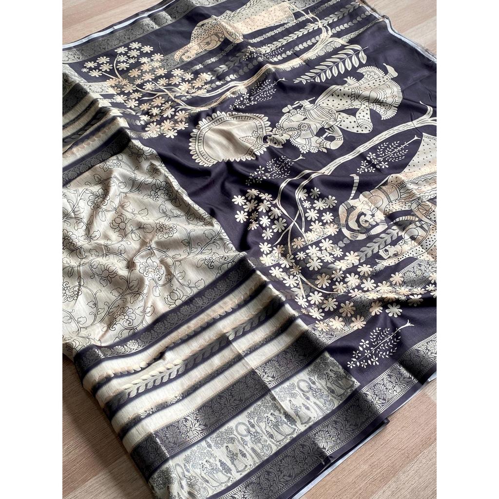 Premium Dola  Saree with Jacquard Weaving Border All Over the Saree On Either Sides with Printed Pallu.