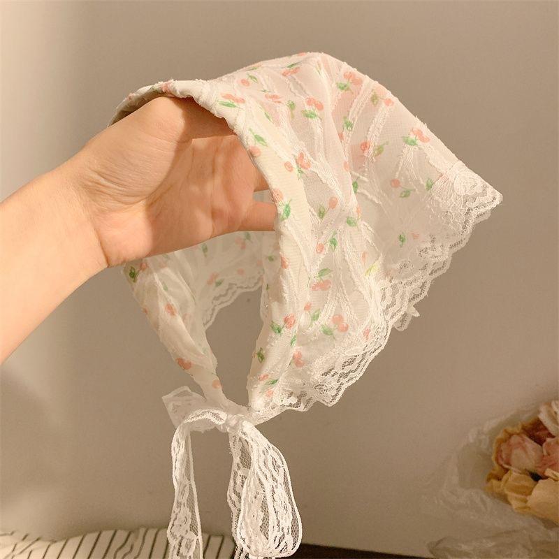 Idyllic lace headband new blast furnace top triangle scarf headband French retro plaid sweet and cute headscarf
