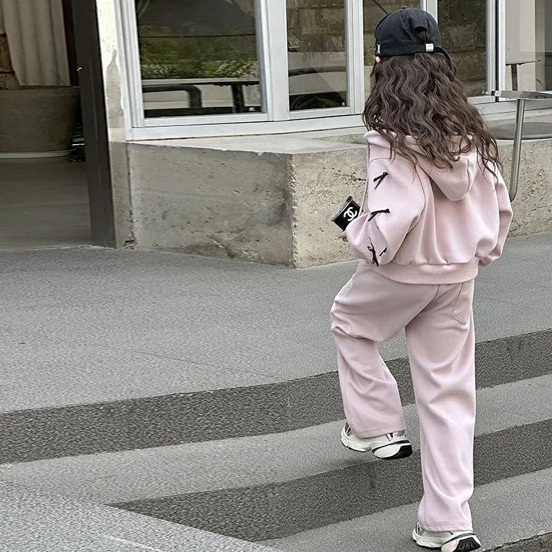 Frühlings-Herbst Kapuzenjacke & Hose für Kinder Mädchen Koreanischer Stil Schleife Sportbekleidungsset
