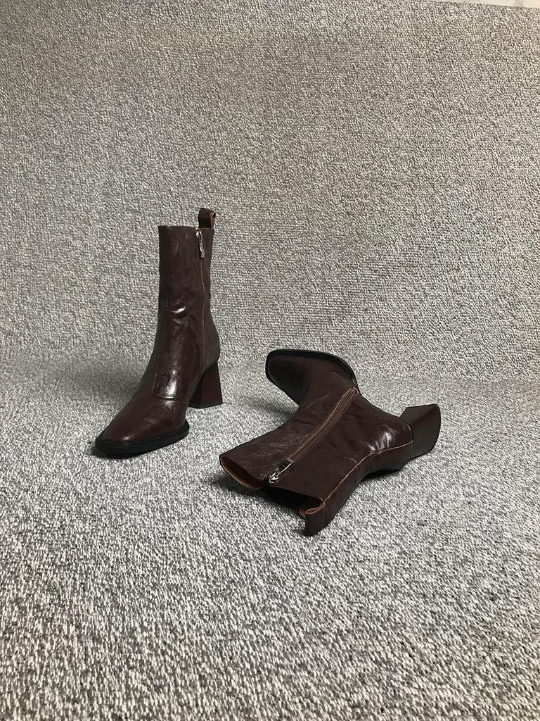 2024 autumn and winter new Martin boots women's pointed high heel thick heel side zipper short boots patent leather high heel fashion boots