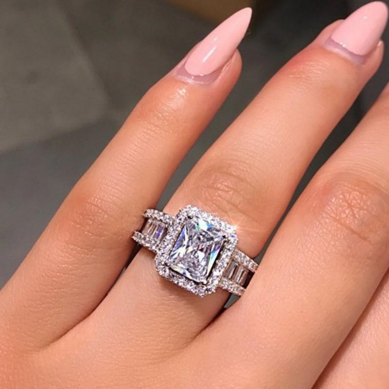 New Silver Plated Stainless Steel Rings For Women Square Cubic Zircon Ring Jewelry Accessories Size 5-11