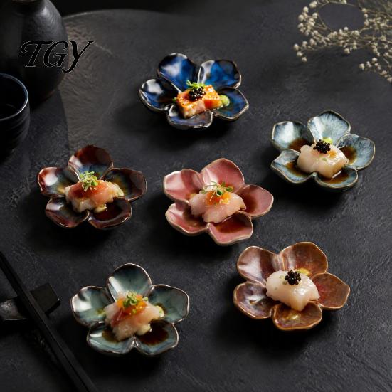 Durable Restaurant Dipping Sauce Plates Cherry Blossom Dish, Ceramic Sushi Soy Bowl, Small Compact Kitchen Side Dishes Decorative Seasoning Appetizer