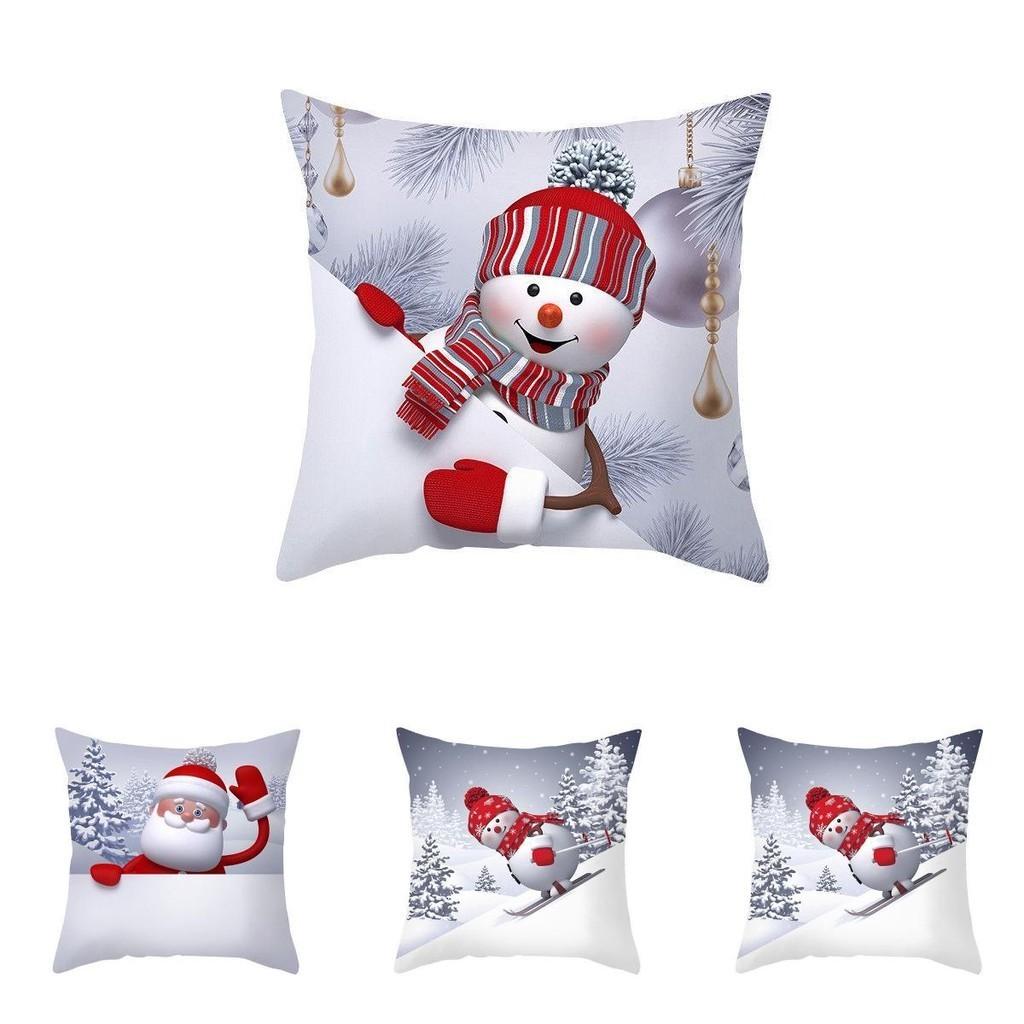 Delightful 18" Christmas Cushion Cover With Santa Claus And Snowman For Festive Sofa Decor