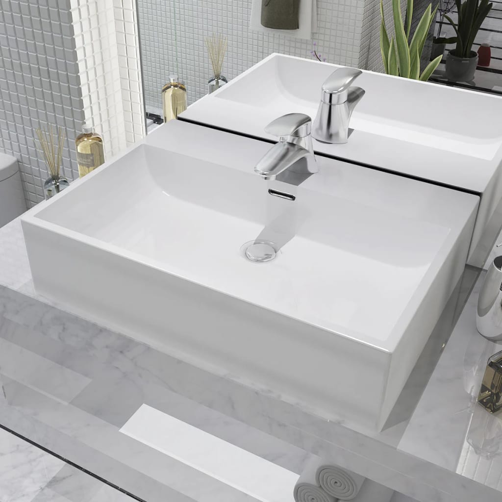 White Ceramic Washbasin with Faucet Hole 60.5 X 42.5 X 14.5 Cm