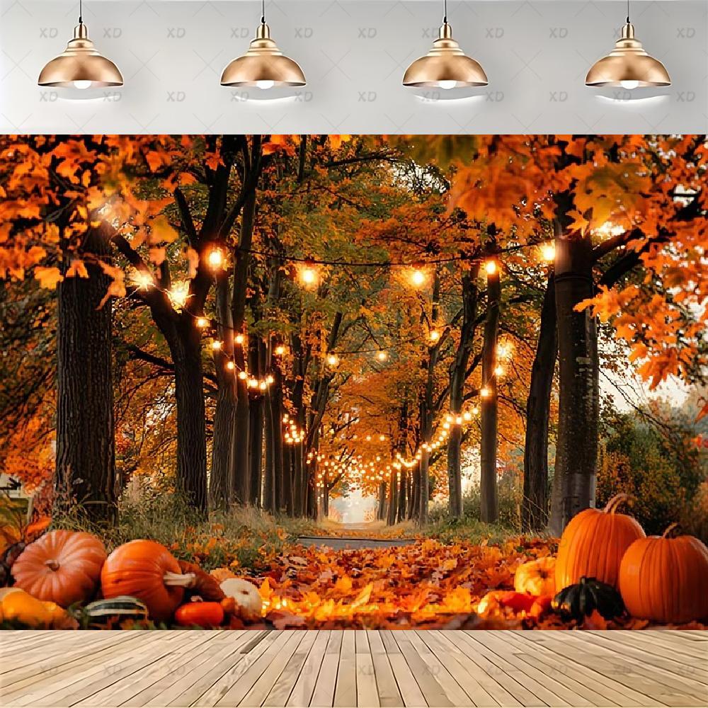 Rustic photographic backdrop: Maple forest, orange autumn leaves, pumpkin banner, for baby shower decorations4928