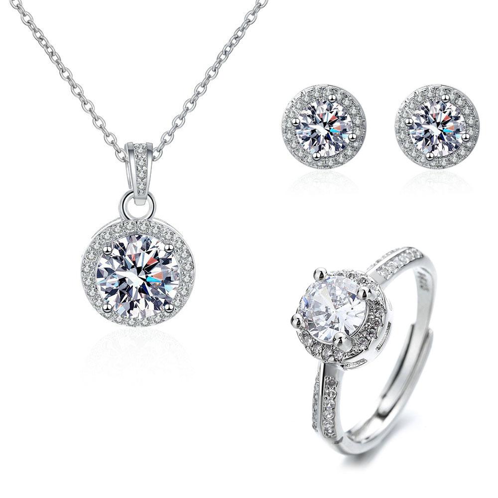 

925 Silver Set High Quality Necklace Earring Ring Chain Fashion Jewelry For Women Wedding Birthday Gift resizable