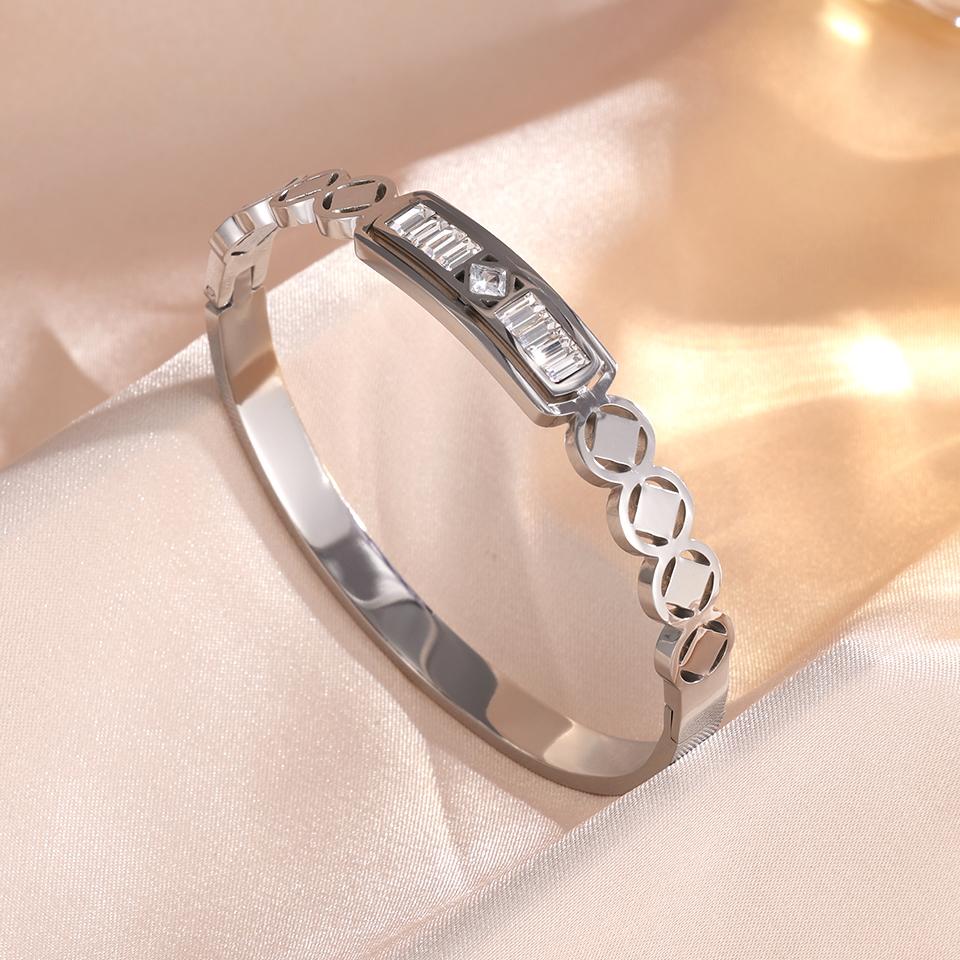 ZAKOL Fashion Geometric Design Stainless Steel Open Bangle for Women Exquisite Waterproof Zircon Gift 2025 New