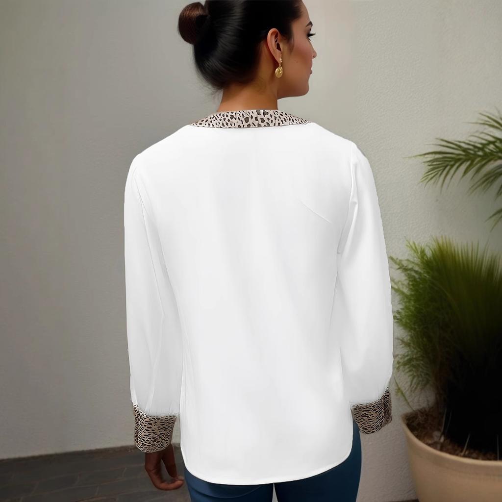 Spring and Autumn Women's Wear V-neck Leopard Print Thin, Casual and Elegant Long-sleeved Shirt Top