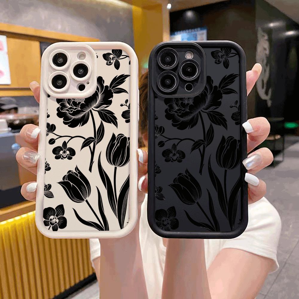 Black Floral Silhouette Phone Case for Xiaomi Redmi Note 14 13 12 11 10 9 8 7 Pro Shockproof Anti-Slip Soft TPU Cover