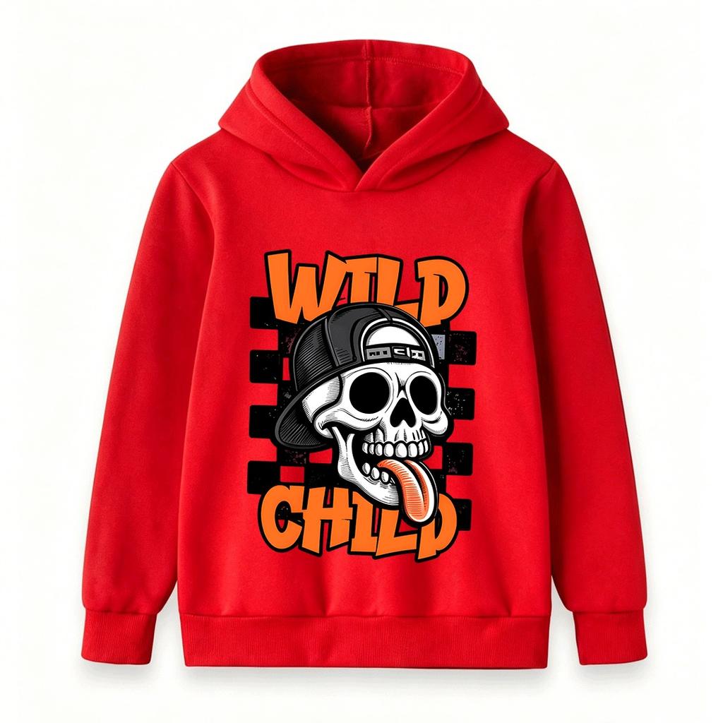 Kids Boys Girls Hoodie, Wild Child Skull Pattern Long Sleeve Casual Pullover Sweatshirt for Daily Wear