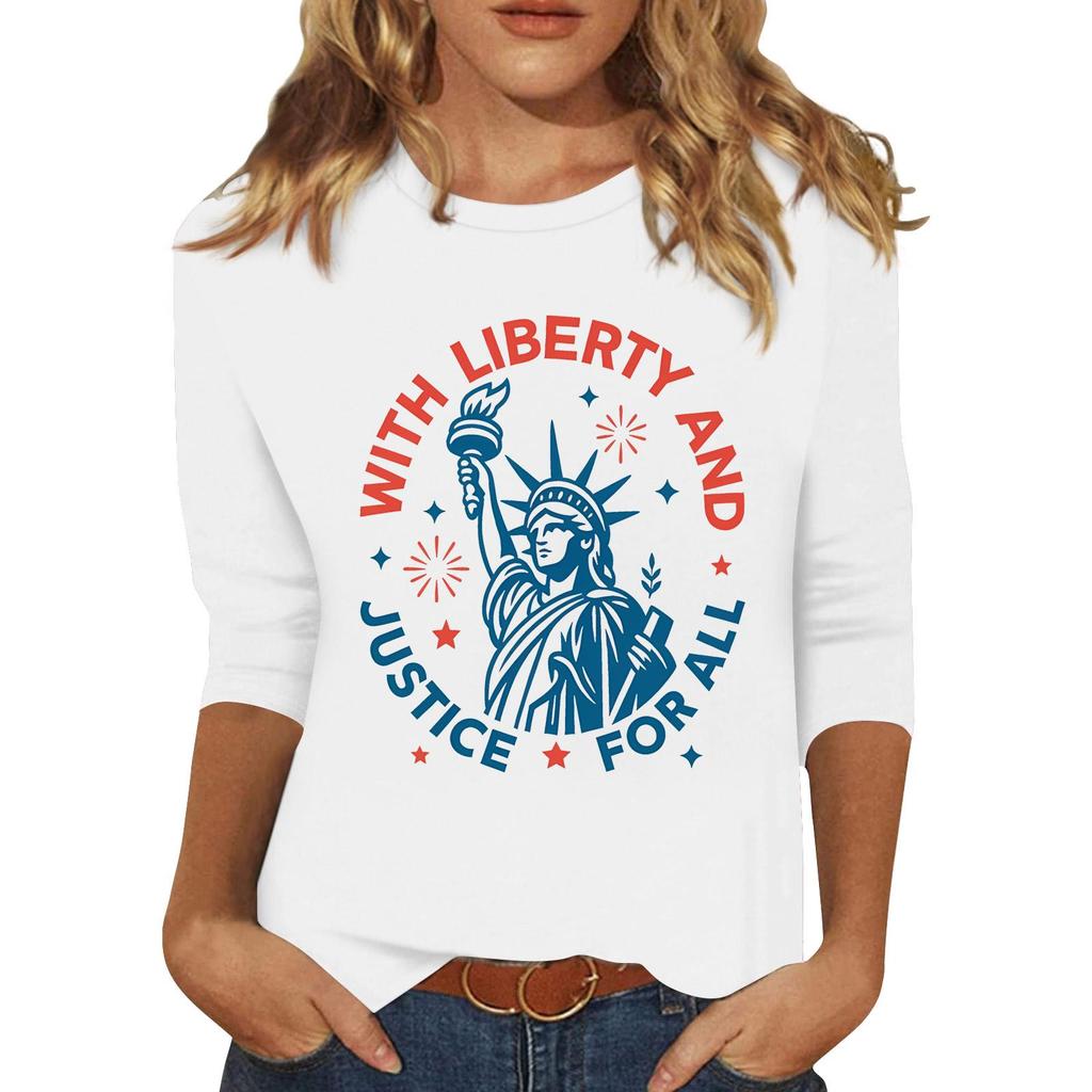 Women's Fashionable Casual Three-Quarter Sleeve 250th Anniversary Independence Day Print Neck Sweater
